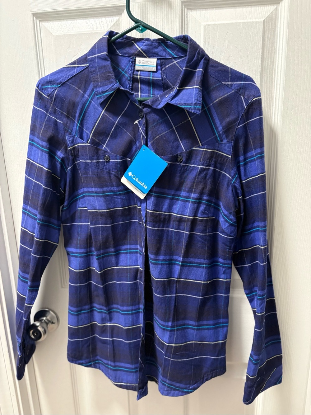 Columbia Women's Navy and Blue Plaid Button-Down Shirt